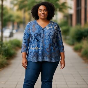 Chico's Blue Geometric 3/4 Sleeve Blouse